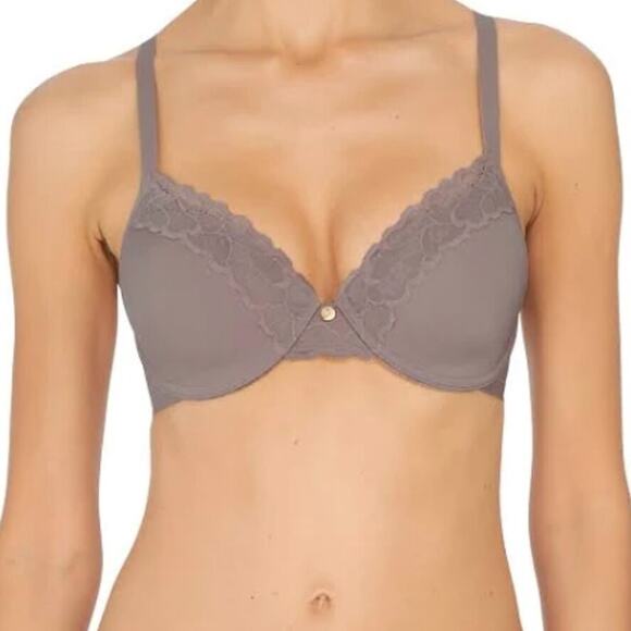 NWT | NATORI Bra Refined Lace Underwire Contour Plunge 7313219 Gunmetal Size 32D - Picture 1 of 7